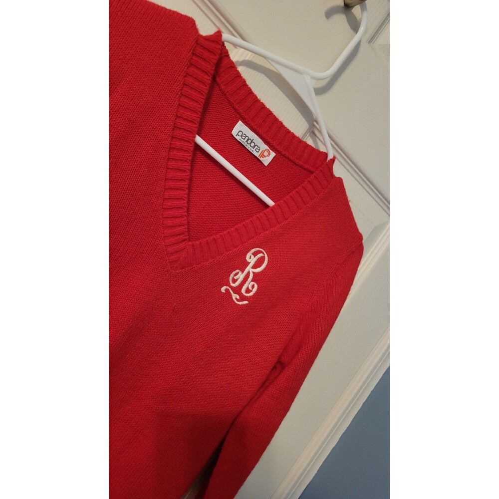 Vintage Pandora Knits Red V-Neck Sweater Monogram Script R Small